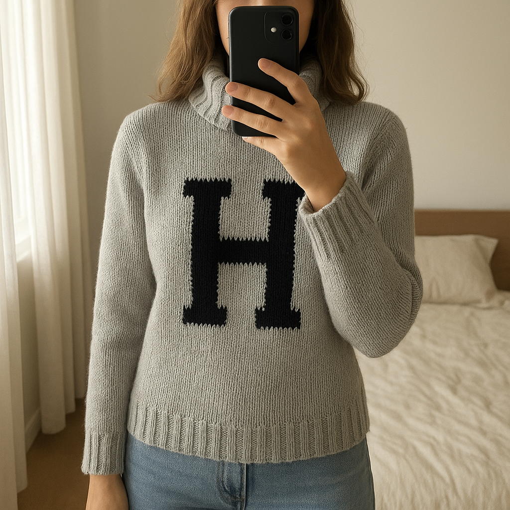 Pull Col Roulé Vintage Laine Tommy Hilfiger Gris M debout, face à la caméra, dans une chambre à la lumière douce, avec une lumière naturelle filtrant par la fenêtre.