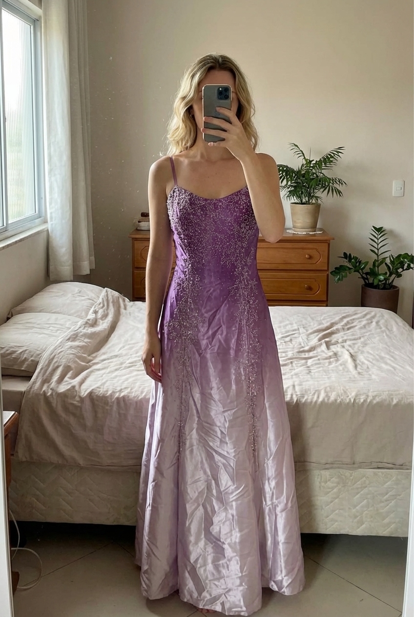 Robe de soirée,robe de cocktail violette taille M debout, face à la caméra, dans une chambre à la lumière douce, avec une lumière naturelle filtrant par la fenêtre.