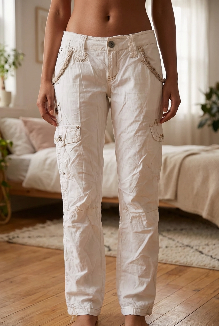 A person in Vintage Y2K white cargo combat river Island shorts standing straight facing the camera, in a softly lit bedroom setting, with gentle natural light filtering through a window.