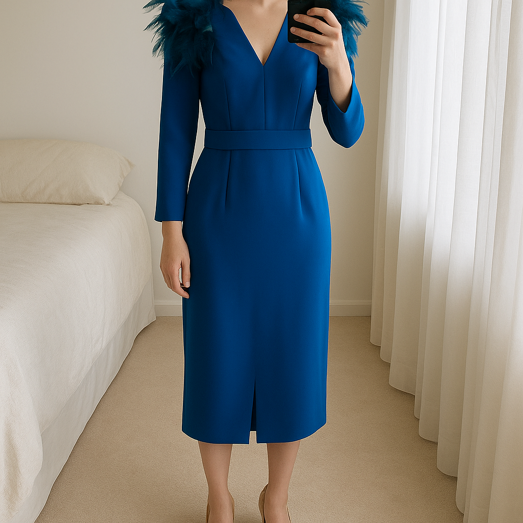 Una persona con Vestidos plumas en el hombro Marisol de pie, mirando a la cámara, en un dormitorio con luz suave y natural filtrándose por la ventana.