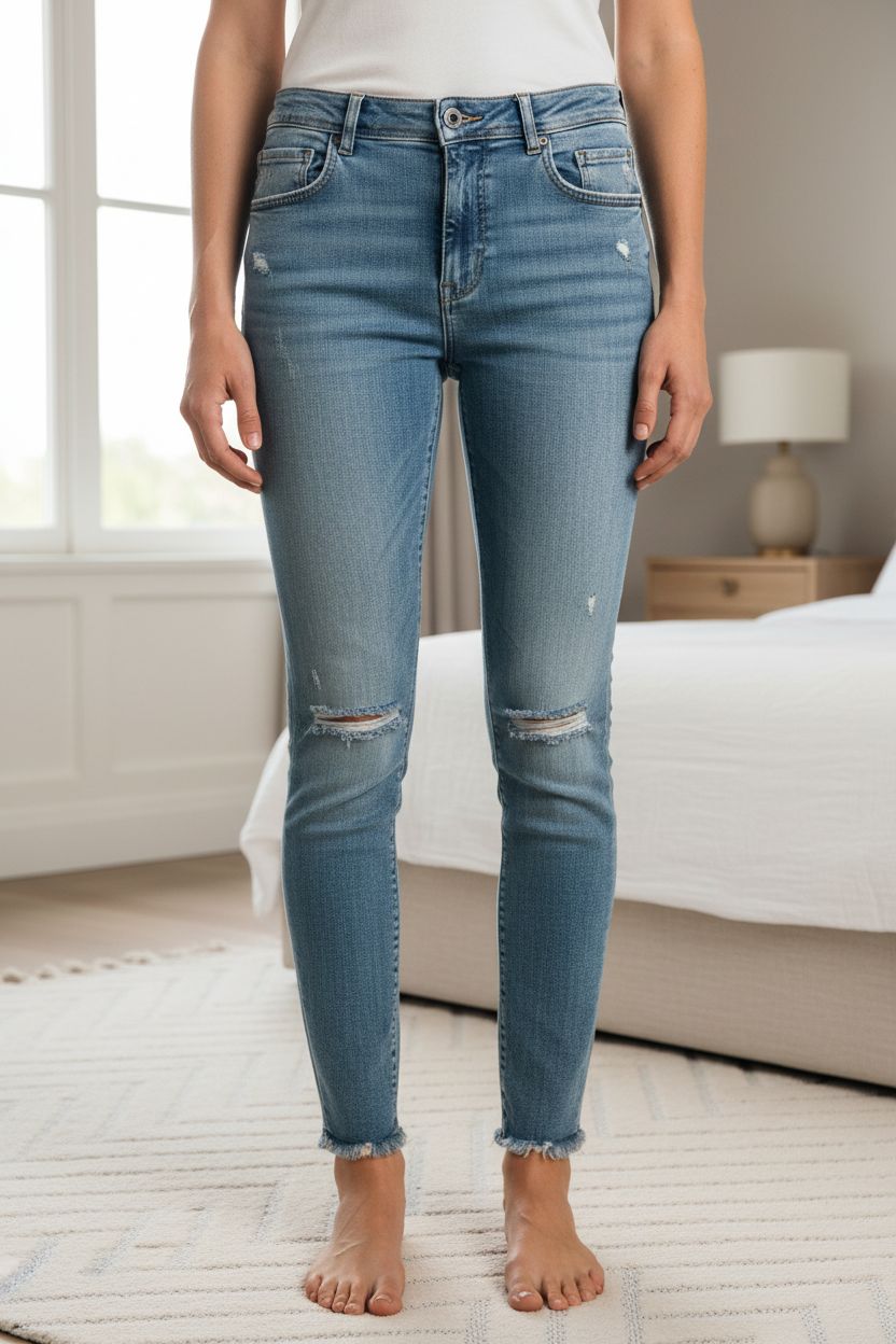 Jean Zara bleu délavé debout, face à la caméra, dans une chambre à la lumière douce, avec une lumière naturelle filtrant par la fenêtre.