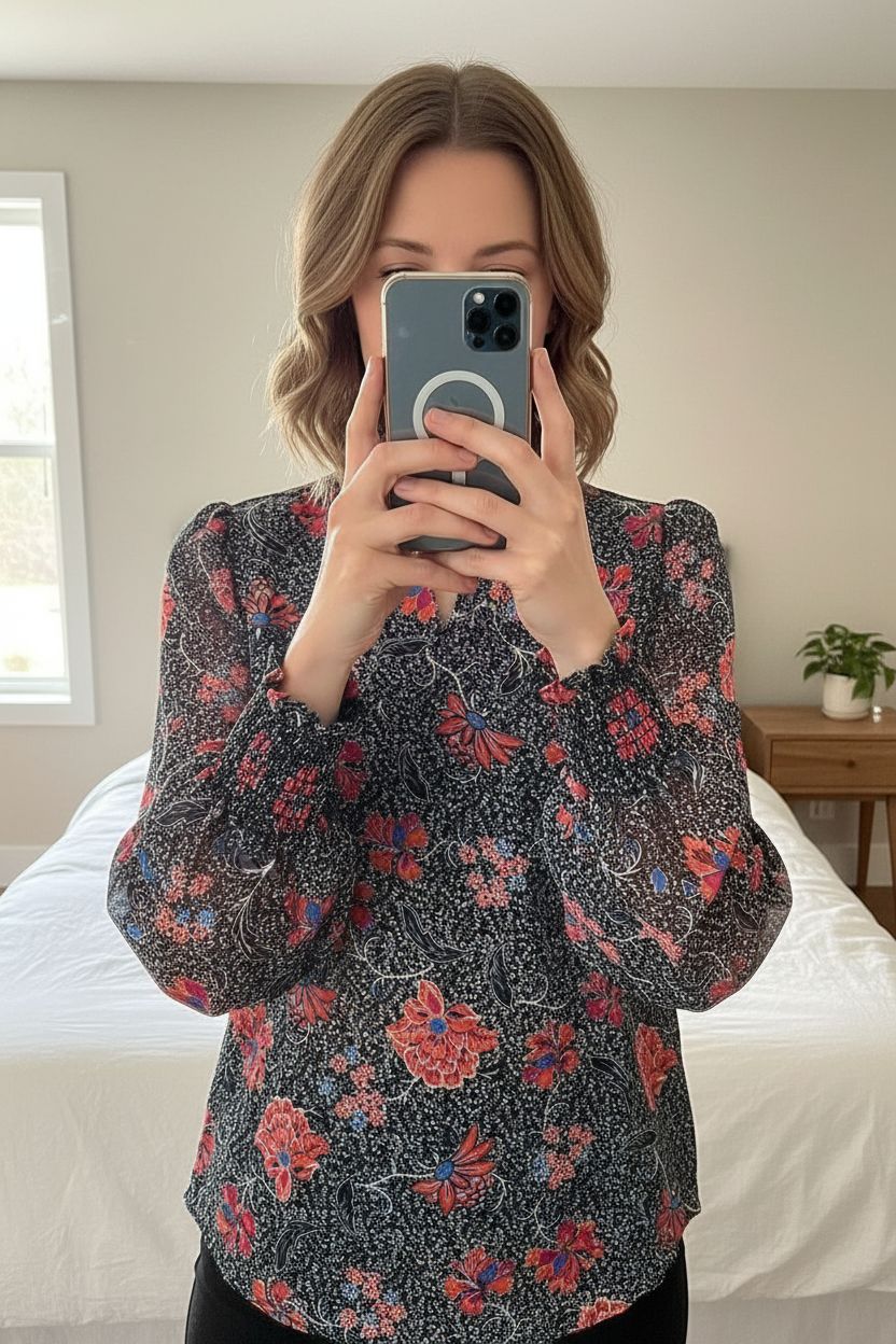 Blouse manches longues debout, face à la caméra, dans une chambre à la lumière douce, avec une lumière naturelle filtrant par la fenêtre.