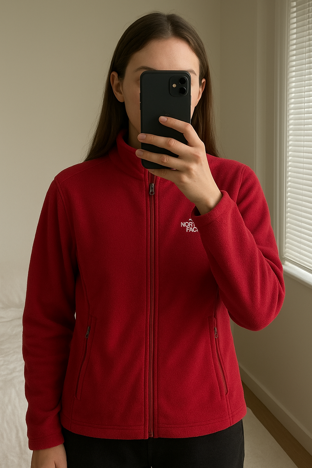 Polaire tnf debout, face à la caméra, dans une chambre à la lumière douce, avec une lumière naturelle filtrant par la fenêtre.