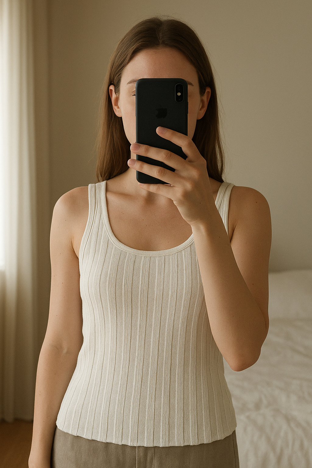 top court à bretelle blanc bzb debout, face à la caméra, dans une chambre à la lumière douce, avec une lumière naturelle filtrant par la fenêtre.