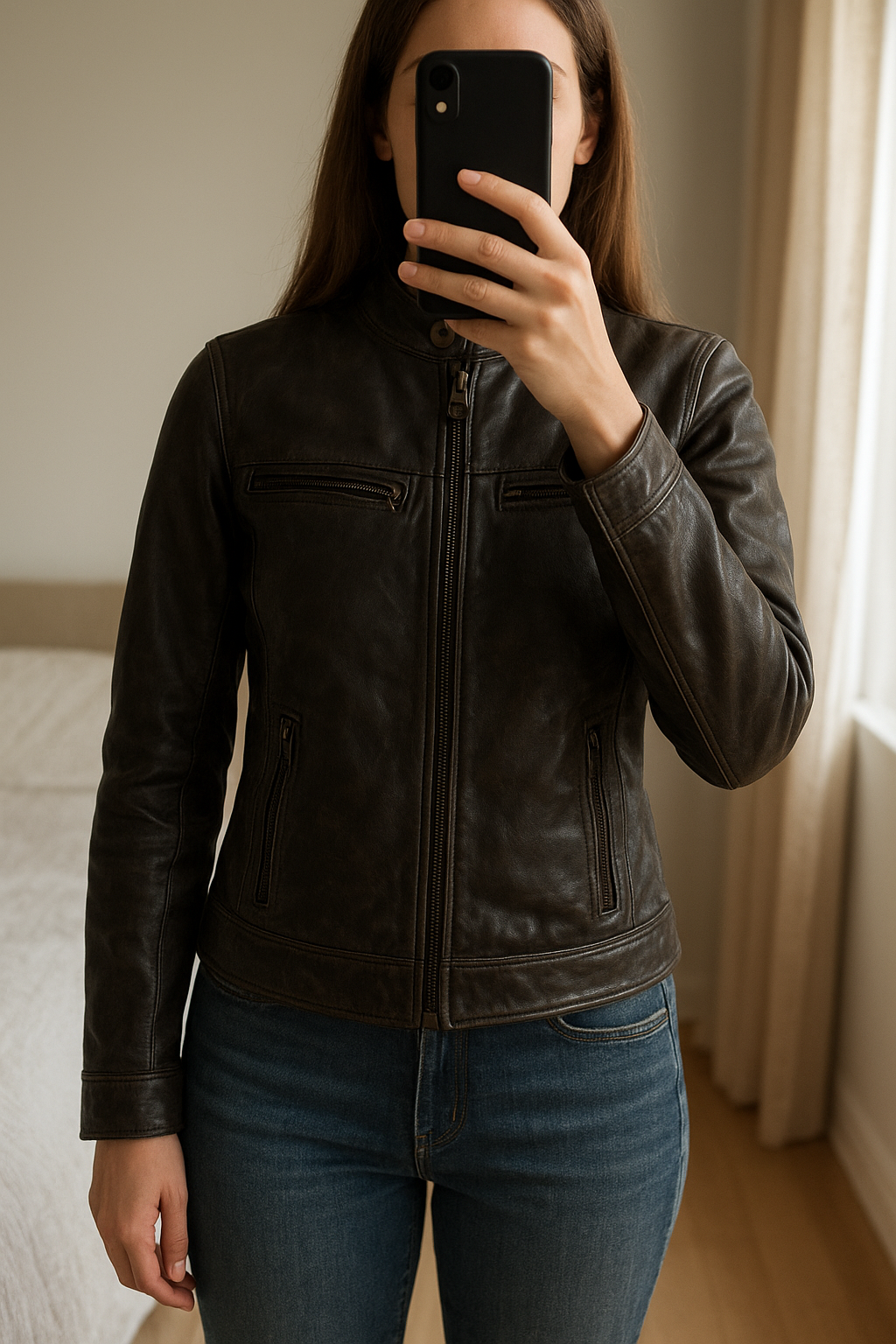 Blouson en cuir Sonoma Taille S debout, face à la caméra, dans une chambre à la lumière douce, avec une lumière naturelle filtrant par la fenêtre.
