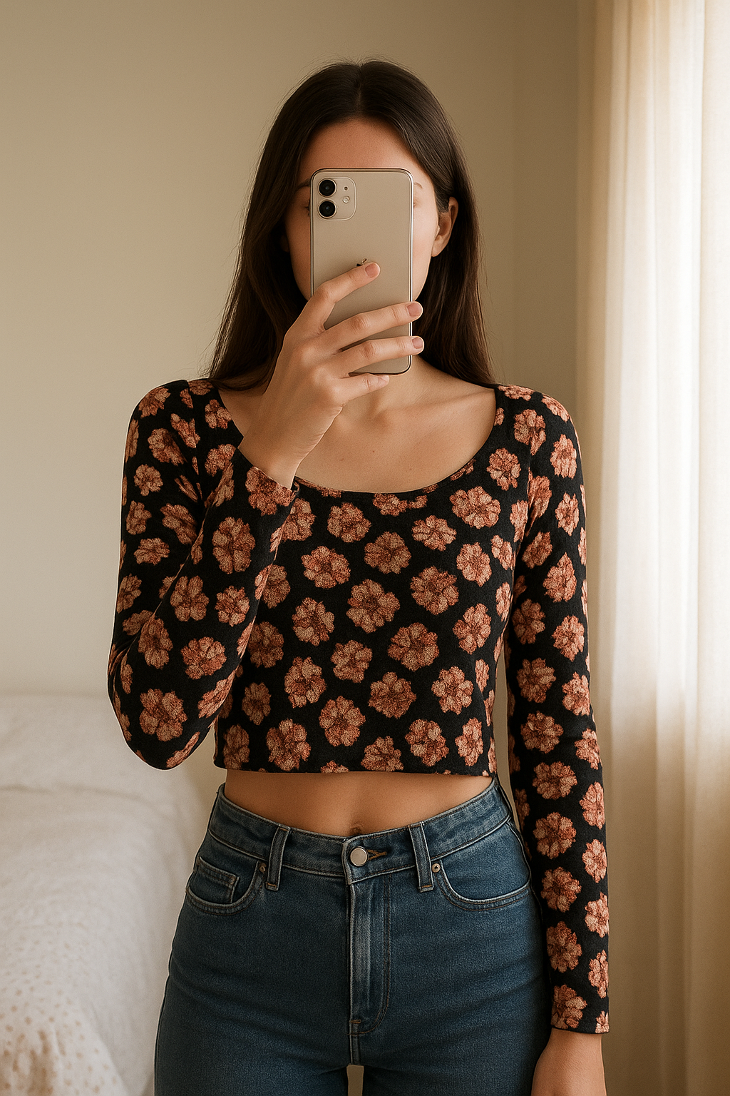 Crop top Mochy a maniche lunghe con stampa animalier in piedi, rivolto verso la fotocamera, in una camera da letto con luce soffusa e luce naturale che filtra dalla finestra.