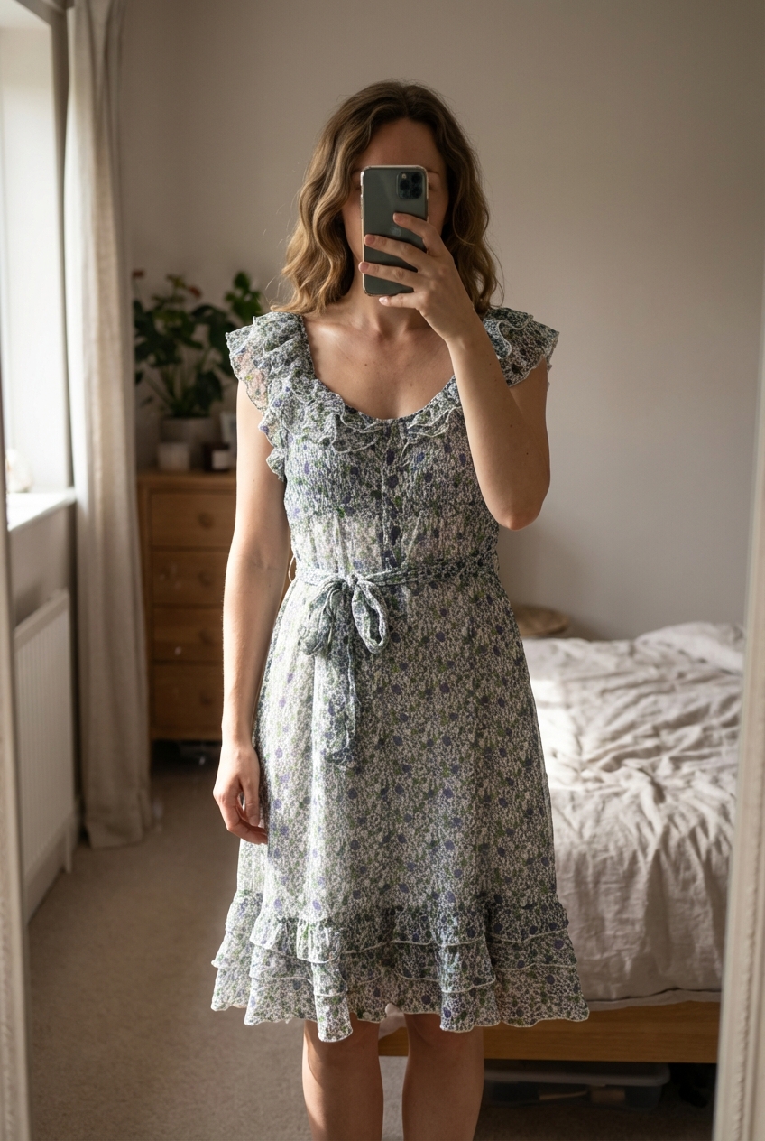 Robe à fleure via verte debout, face à la caméra, dans une chambre à la lumière douce, avec une lumière naturelle filtrant par la fenêtre.