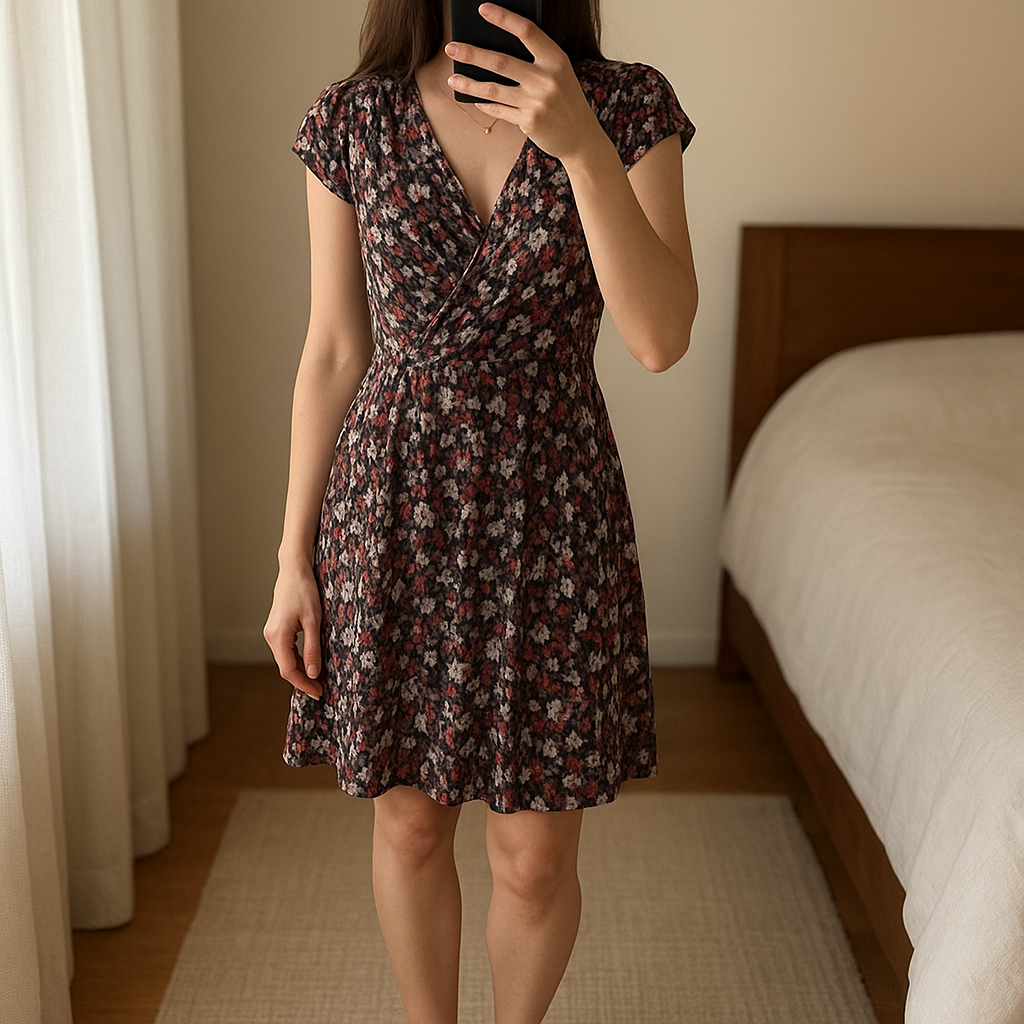 Robe Monoprix debout, face à la caméra, dans une chambre à la lumière douce, avec une lumière naturelle filtrant par la fenêtre.