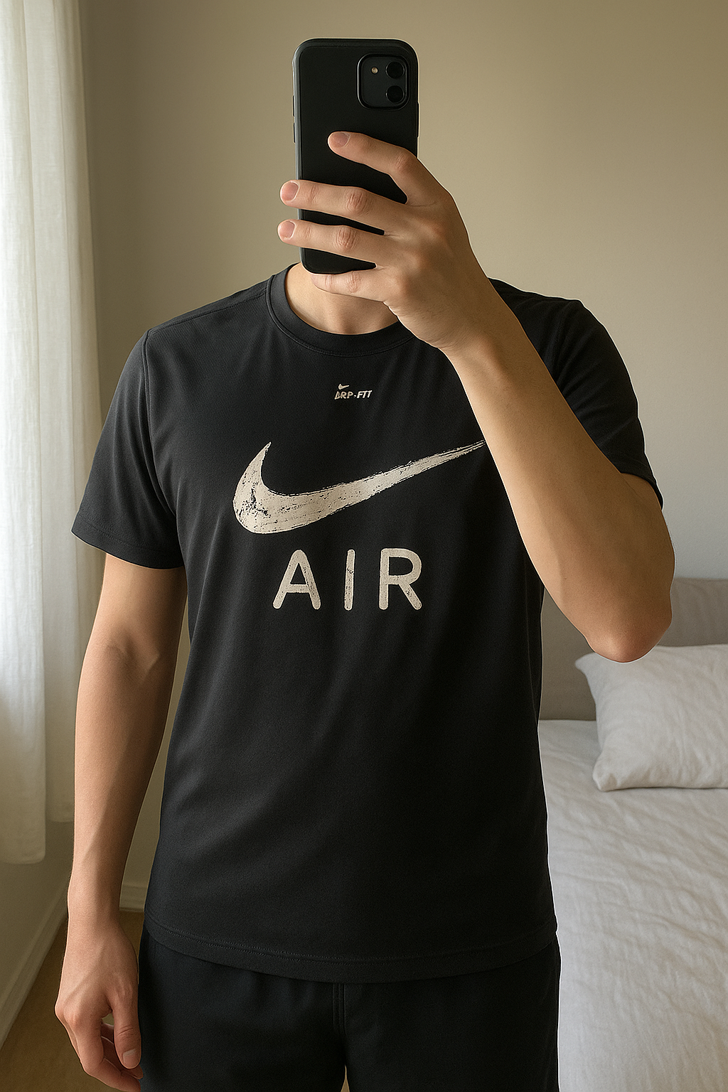 T-shirt Nike noir debout, face à la caméra, dans une chambre à la lumière douce, avec une lumière naturelle filtrant par la fenêtre.