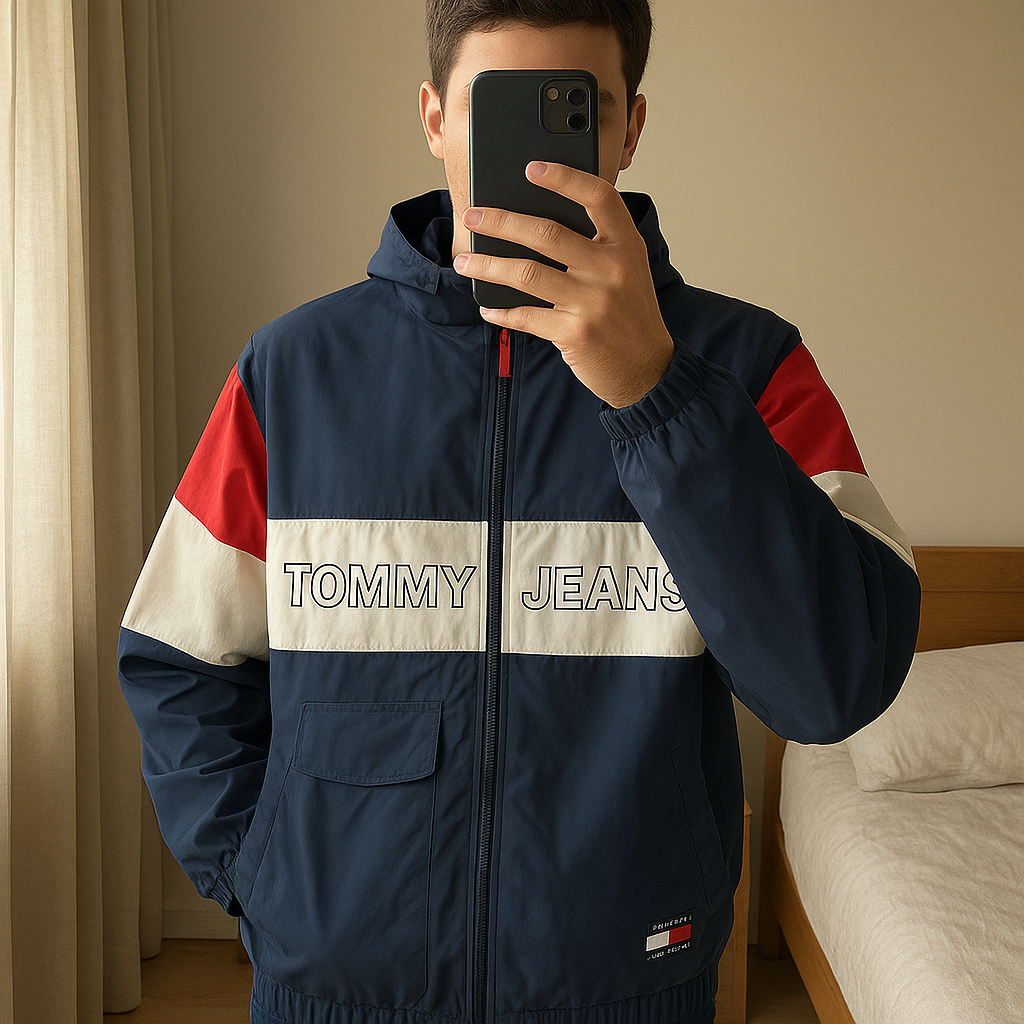 Veste Tommy jeans debout, face à la caméra, dans une chambre à la lumière douce, avec une lumière naturelle filtrant par la fenêtre.