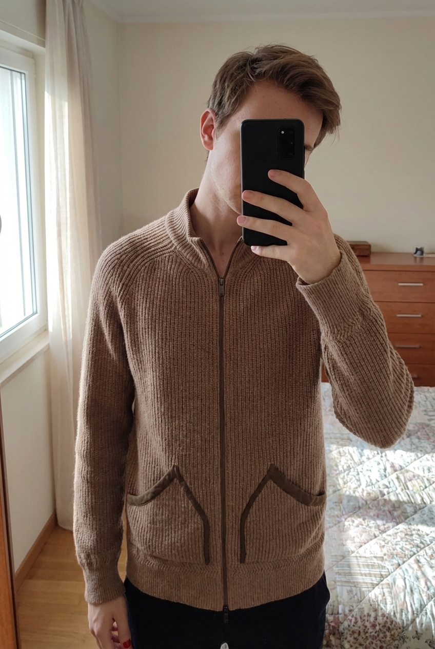Cardigan Massimo Dutti mélange cachemire/laine debout, face à la caméra, dans une chambre à la lumière douce, avec une lumière naturelle filtrant par la fenêtre.