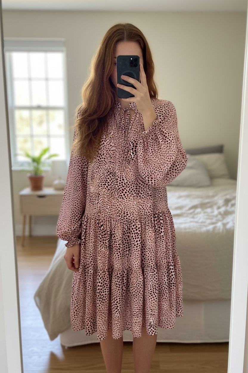 Hush pink dress UK 12 animal print tiered midi skirt feminine floaty cottagecore standing straight facing the camera, in a softly lit bedroom setting, with gentle natural light filtering through a window.