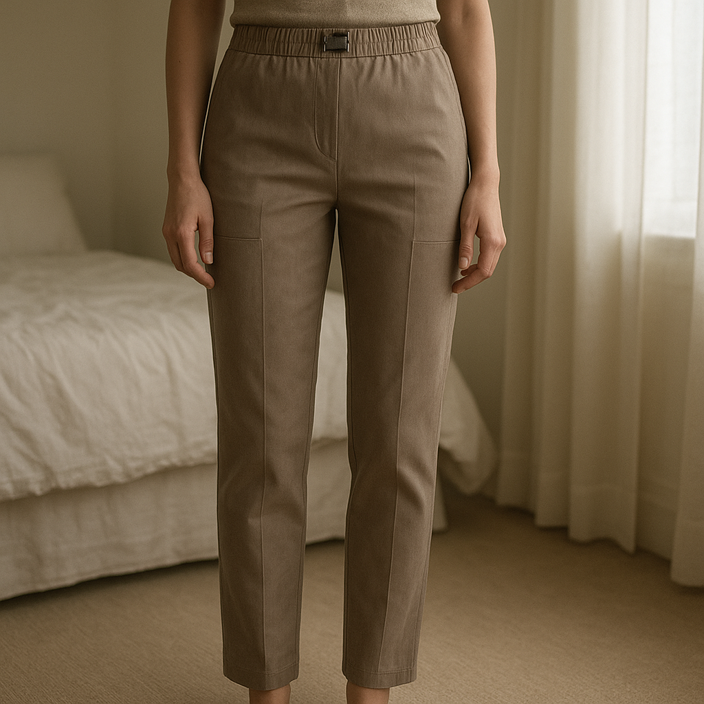 Women's leather trousers standing straight facing the camera, in a softly lit bedroom setting, with gentle natural light filtering through a window.