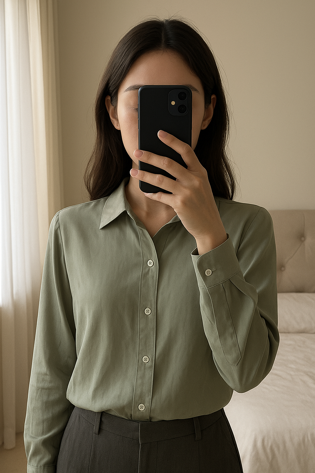 Chemise femme debout, face à la caméra, dans une chambre à la lumière douce, avec une lumière naturelle filtrant par la fenêtre.