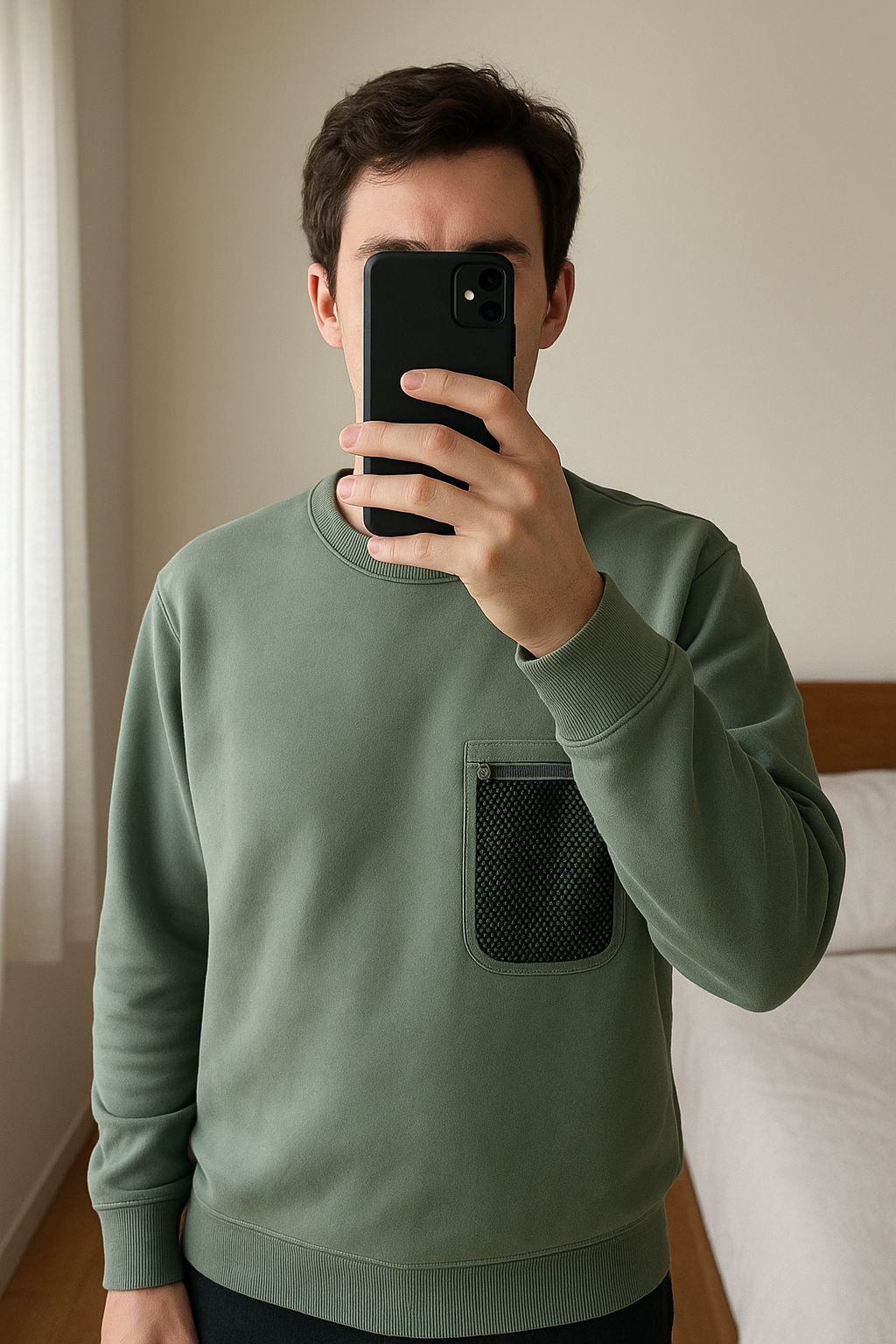Green Carhartt sweatshirt em pé, de frente para a câmera, em um quarto com iluminação suave e luz natural filtrando pela janela.