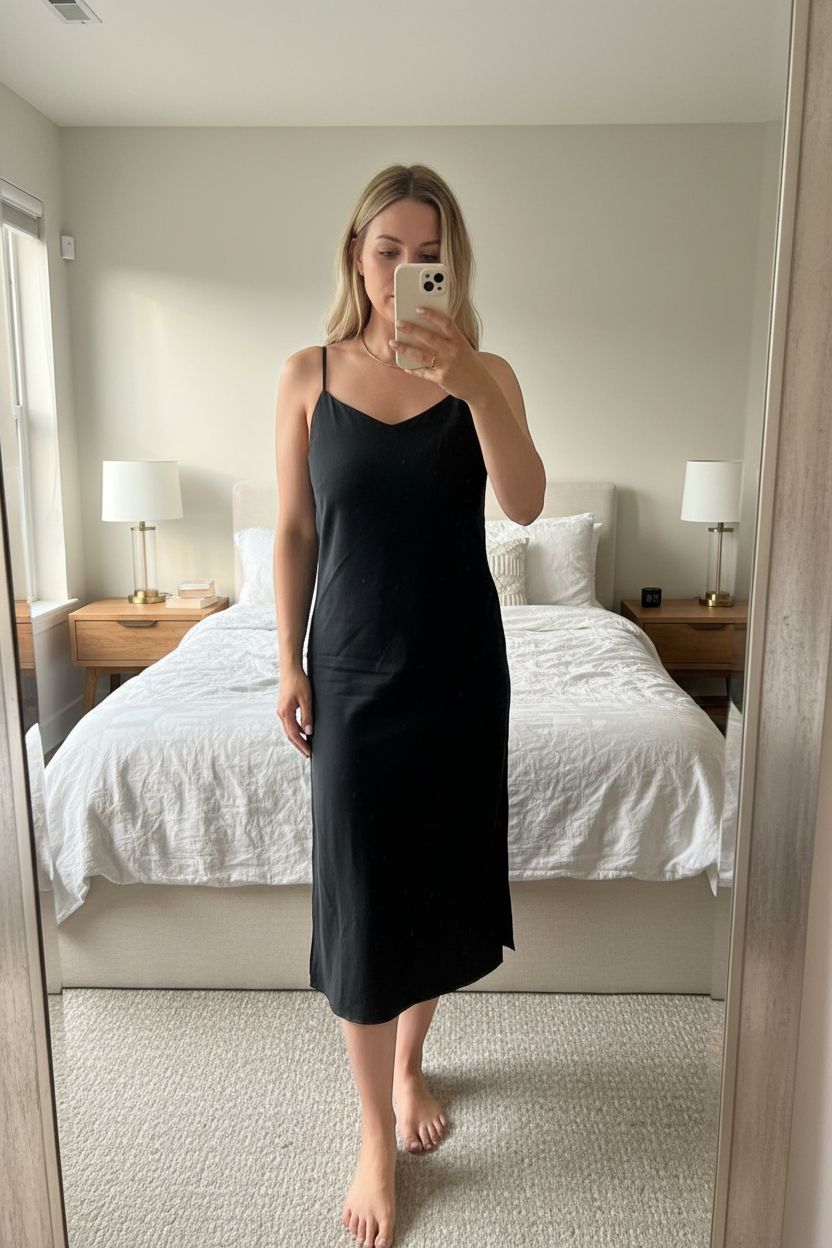 Robe Grâce & Mila debout, face à la caméra, dans une chambre à la lumière douce, avec une lumière naturelle filtrant par la fenêtre.