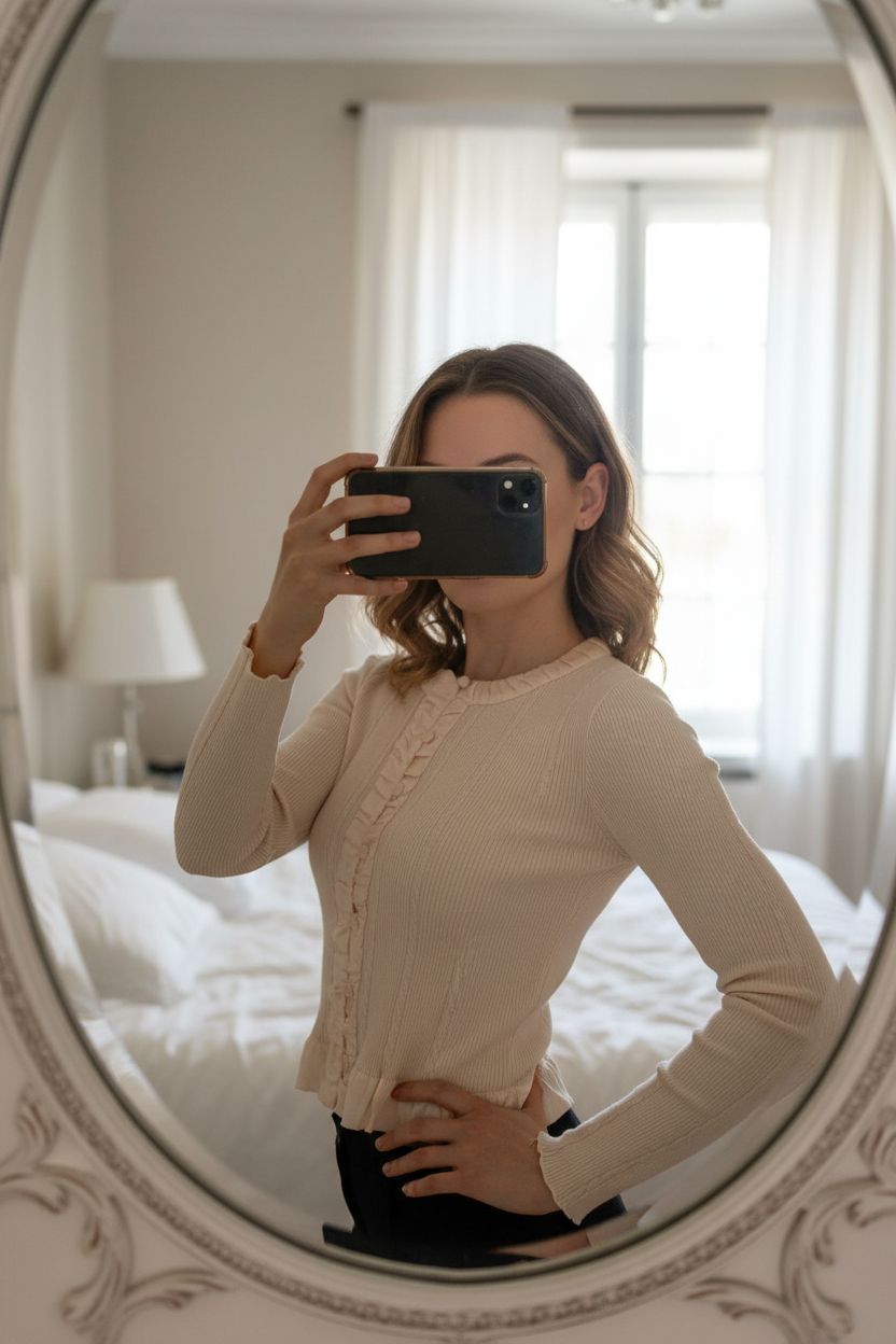 Une personne en Cardigan Claudie Pierlot T36 neuf cambrant légèrement le dos pour une pose dynamique, avec une silhouette fine, dans une chambre à la lumière douce, avec une lumière naturelle filtrant par la fenêtre.
