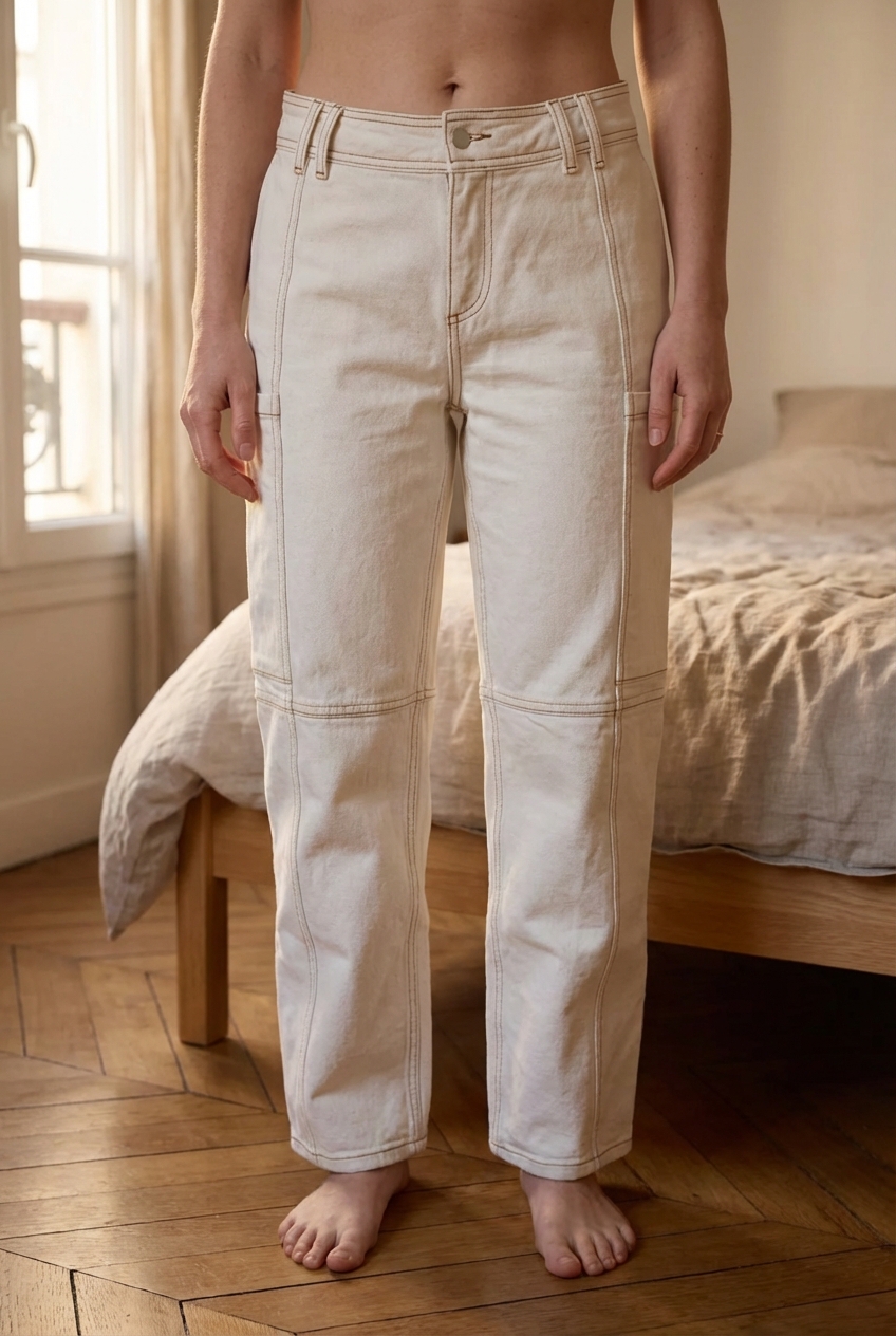 Jean creme Nitah debout, face à la caméra, dans une chambre à la lumière douce, avec une lumière naturelle filtrant par la fenêtre.