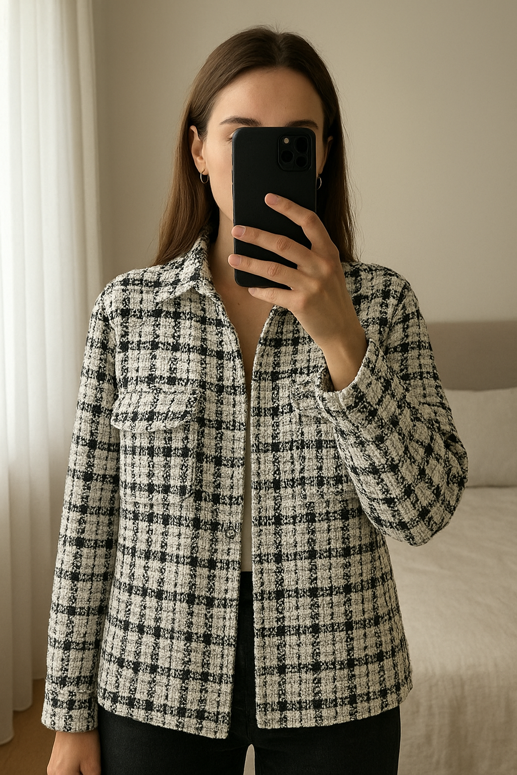 Veste surchemise debout, face à la caméra, dans une chambre à la lumière douce, avec une lumière naturelle filtrant par la fenêtre.