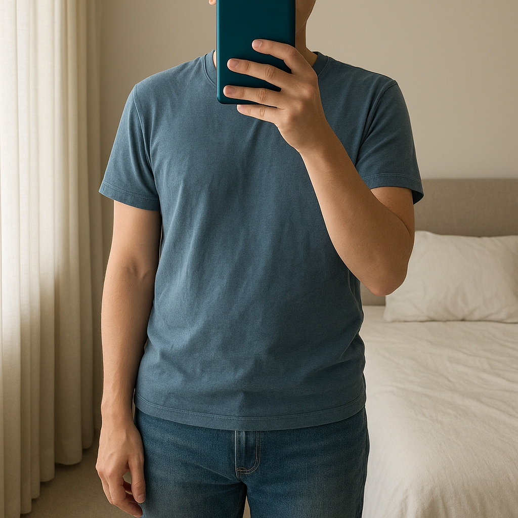 Console Nintendo 3DS bleue + jeux et chargeur d'origine debout, face à la caméra, dans une chambre à la lumière douce, avec une lumière naturelle filtrant par la fenêtre.