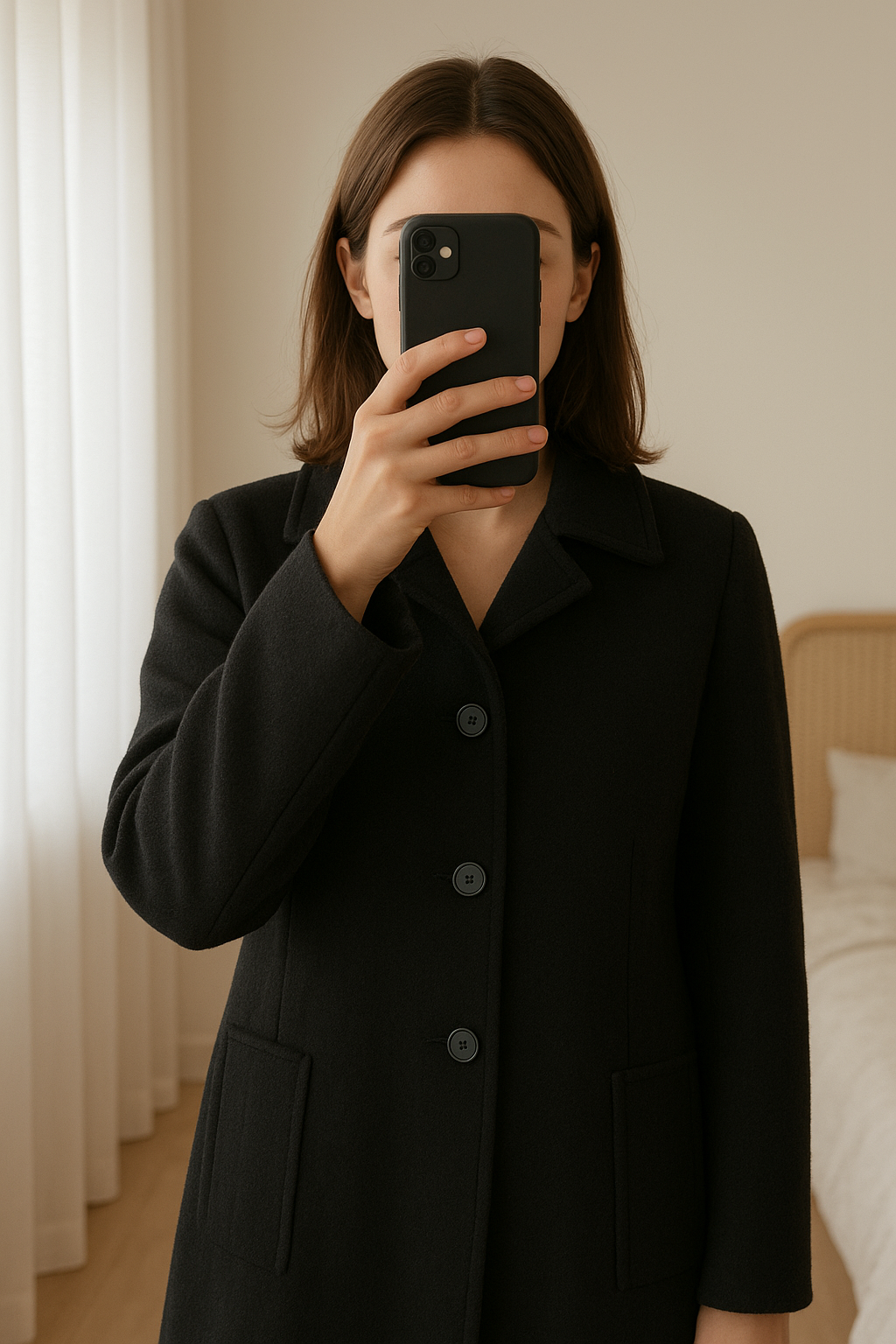 Long classy coat standing straight facing the camera, in a softly lit bedroom setting, with gentle natural light filtering through a window.