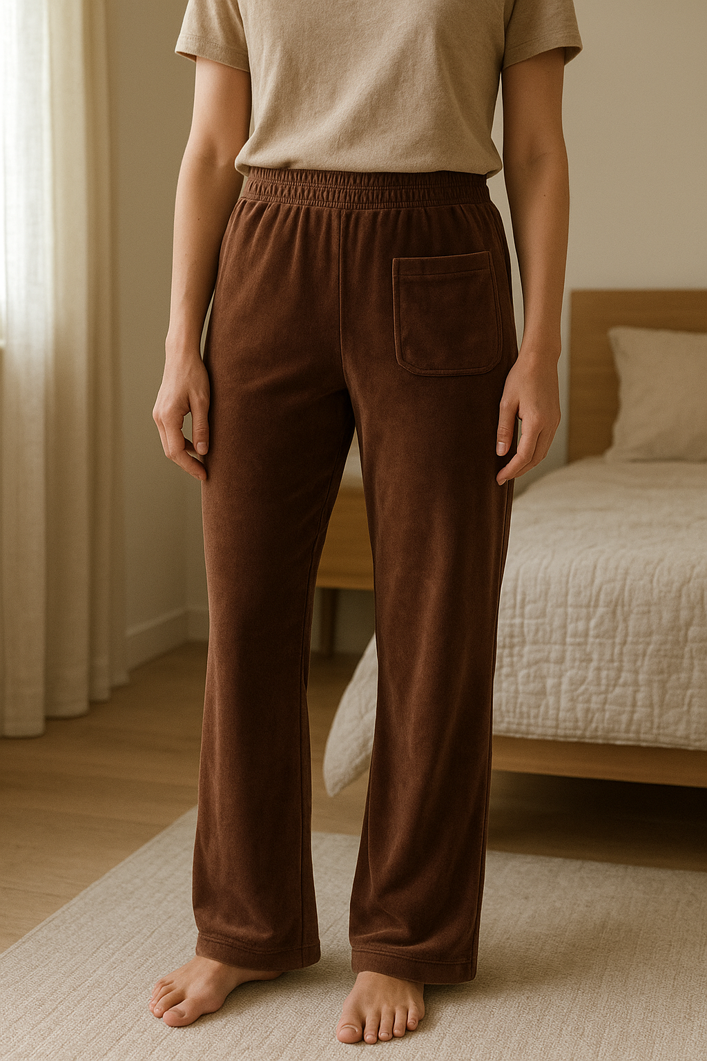 Pantalon de survêtement style velours brun Hollister taille L debout, face à la caméra, dans une chambre à la lumière douce, avec une lumière naturelle filtrant par la fenêtre.
