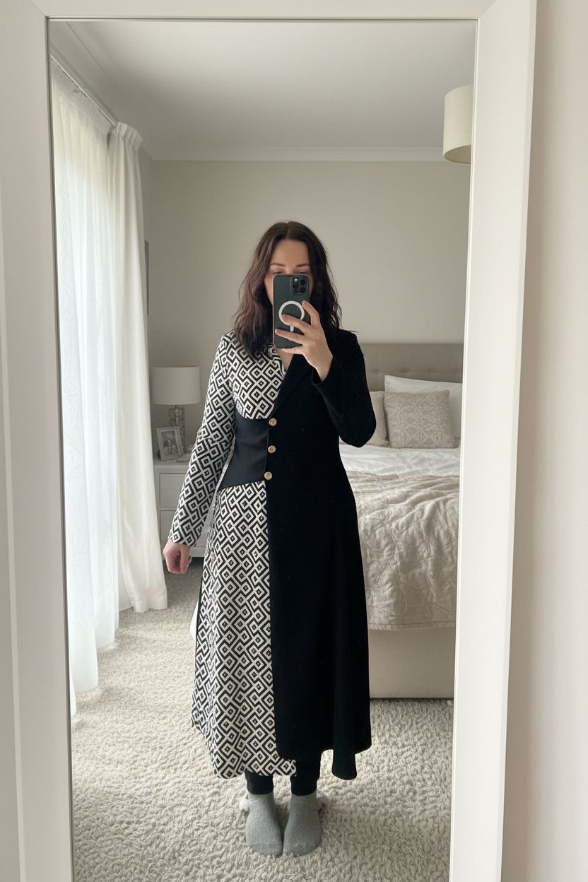 Robe à col asymétrique à bouton à imprimé géométrique debout, face à la caméra, dans une chambre à la lumière douce, avec une lumière naturelle filtrant par la fenêtre.