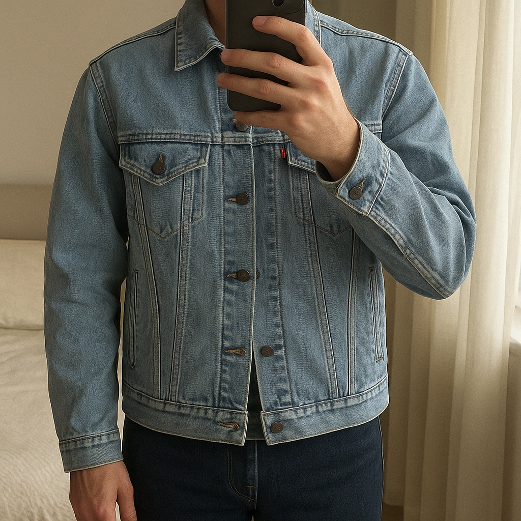 Veste en jean Levi’s 70503 taille XXL (convient à un XL) debout, face à la caméra, dans une chambre à la lumière douce, avec une lumière naturelle filtrant par la fenêtre.