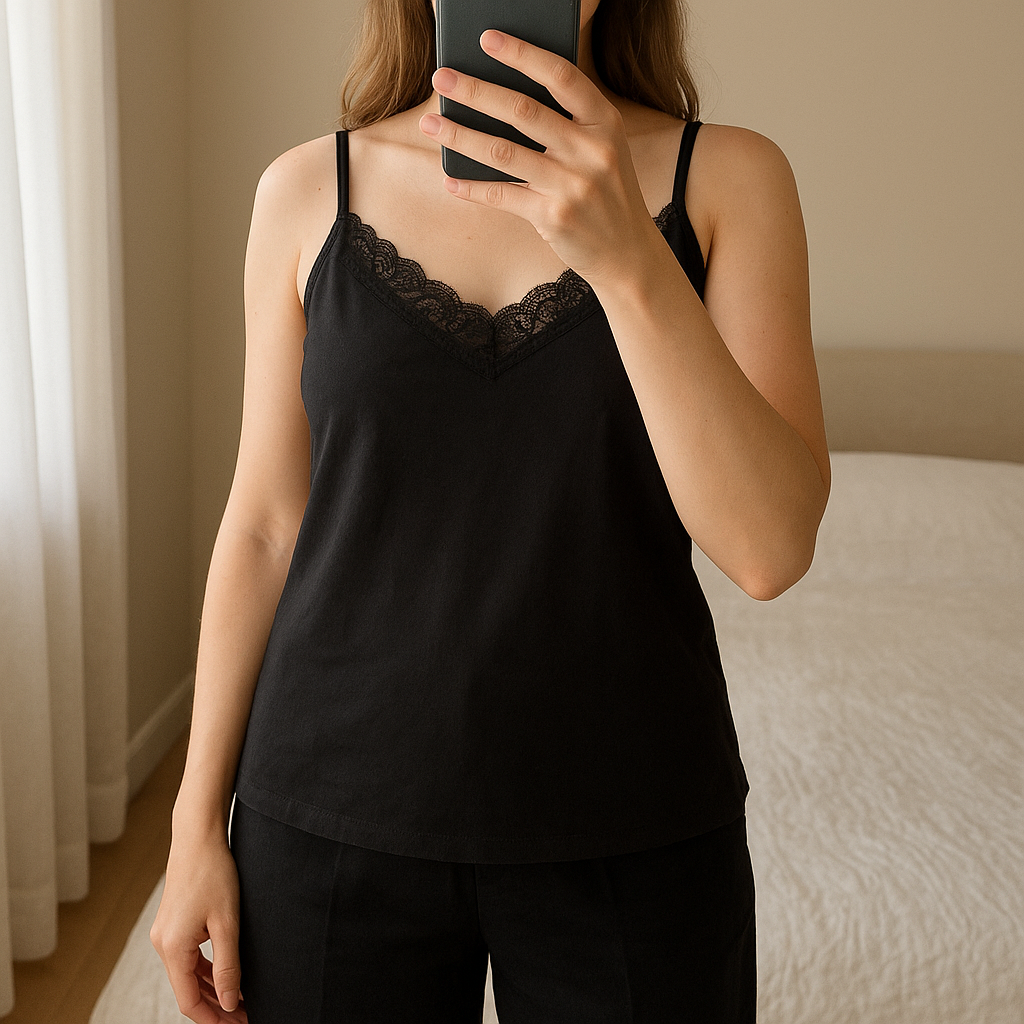 Débardeur noir avec dentelle debout, face à la caméra, dans une chambre à la lumière douce, avec une lumière naturelle filtrant par la fenêtre.