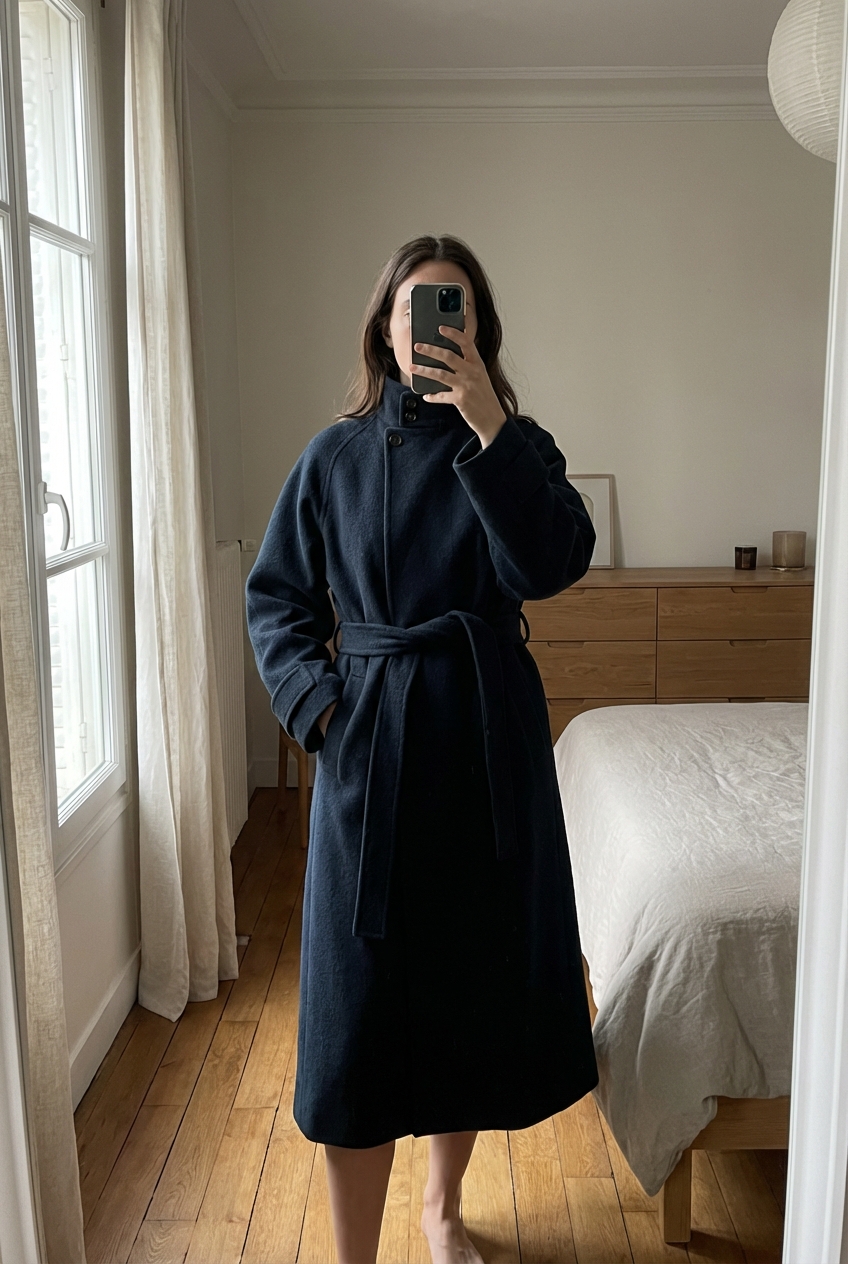Manteau Soeur debout, face à la caméra, dans une chambre à la lumière douce, avec une lumière naturelle filtrant par la fenêtre.