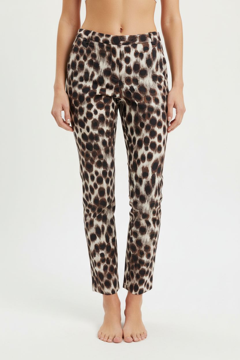 A person in LK Bennett Pansy animal print cotton ankle length trouser 10 standing straight facing the camera, in a clean photo studio with seamless white backdrop and softbox lighting.