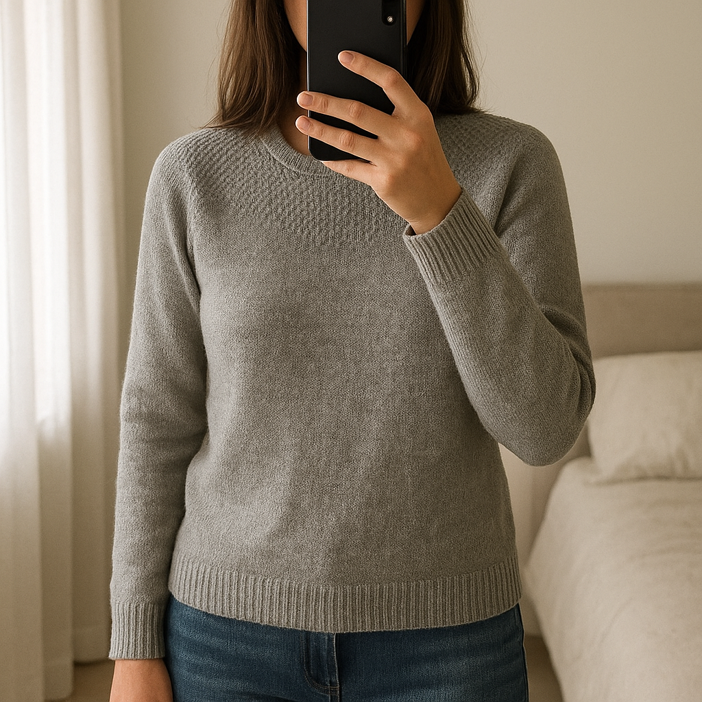 Cardigan le temps des cerises debout, face à la caméra, dans une chambre à la lumière douce, avec une lumière naturelle filtrant par la fenêtre.