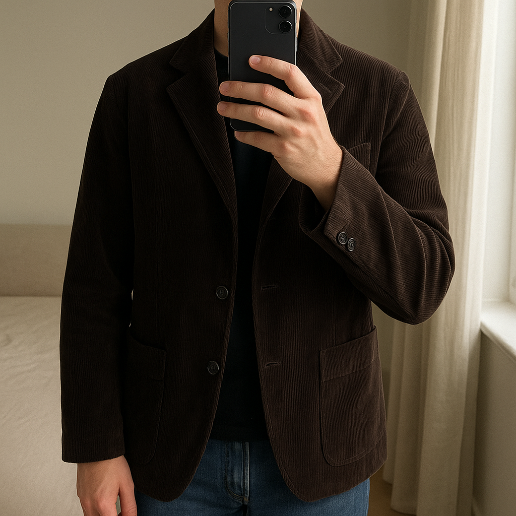 M&S Blue Harbour Men's Chocolate Brown Cotton Corduroy Jacket - XL standing straight facing the camera, in a softly lit bedroom setting, with gentle natural light filtering through a window.