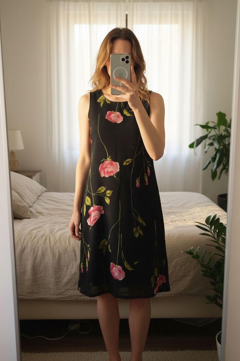 Robe fleuris femme debout, face à la caméra, dans une chambre à la lumière douce, avec une lumière naturelle filtrant par la fenêtre.