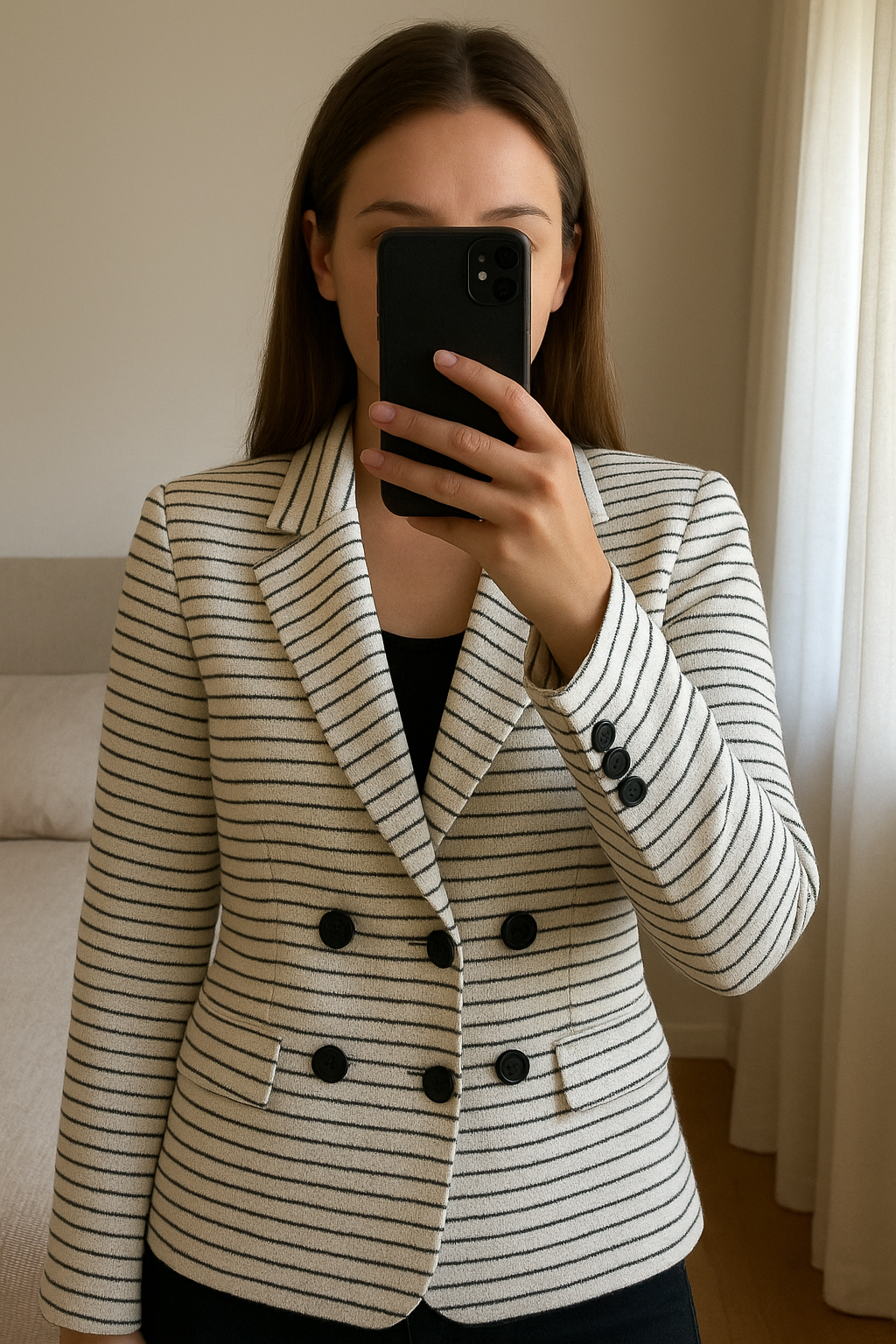 Veste blazer courte rayée Mango Suit – Taille M debout, face à la caméra, dans une chambre à la lumière douce, avec une lumière naturelle filtrant par la fenêtre.