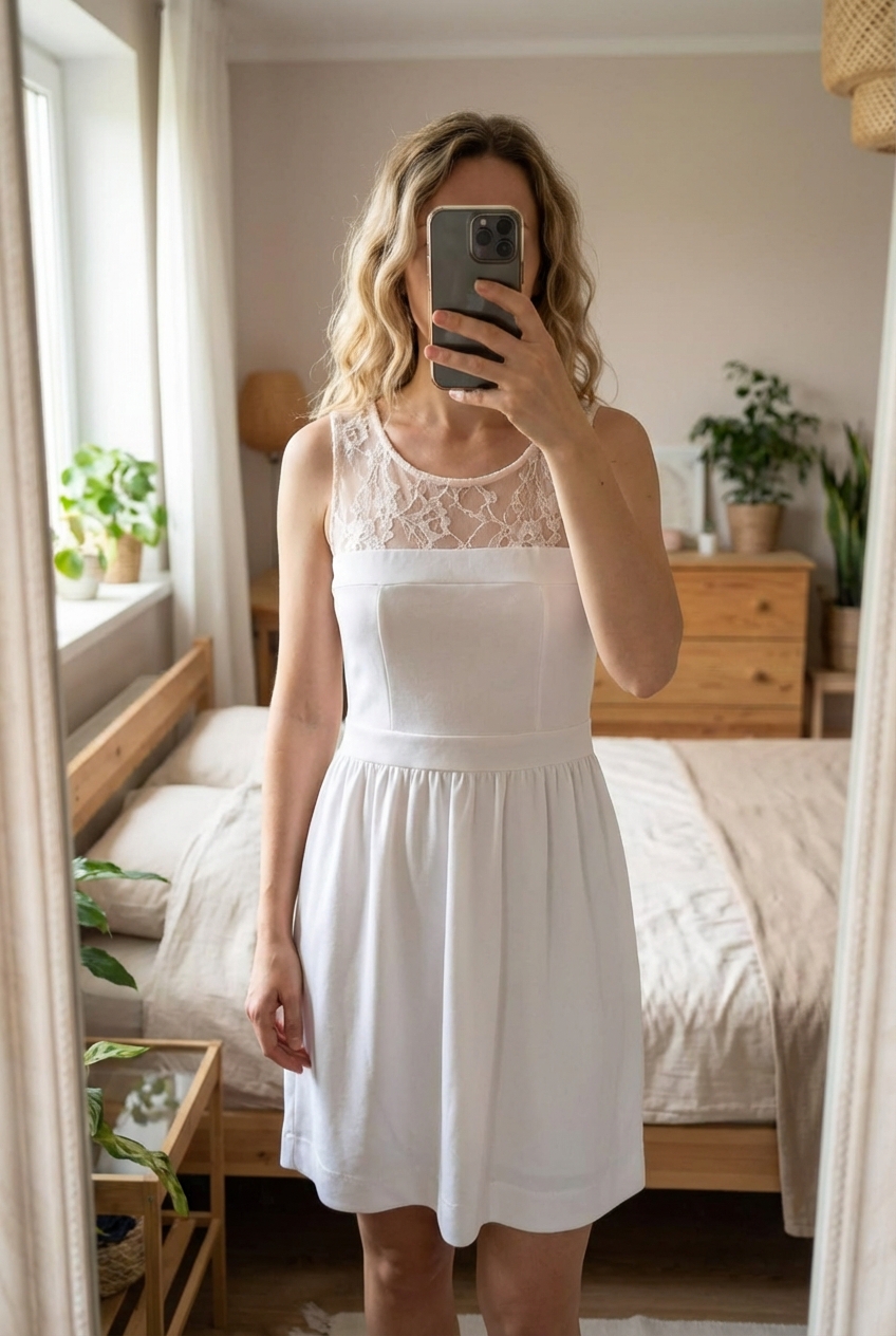 Robe été mango taille S rose claire debout, face à la caméra, dans une chambre à la lumière douce, avec une lumière naturelle filtrant par la fenêtre.