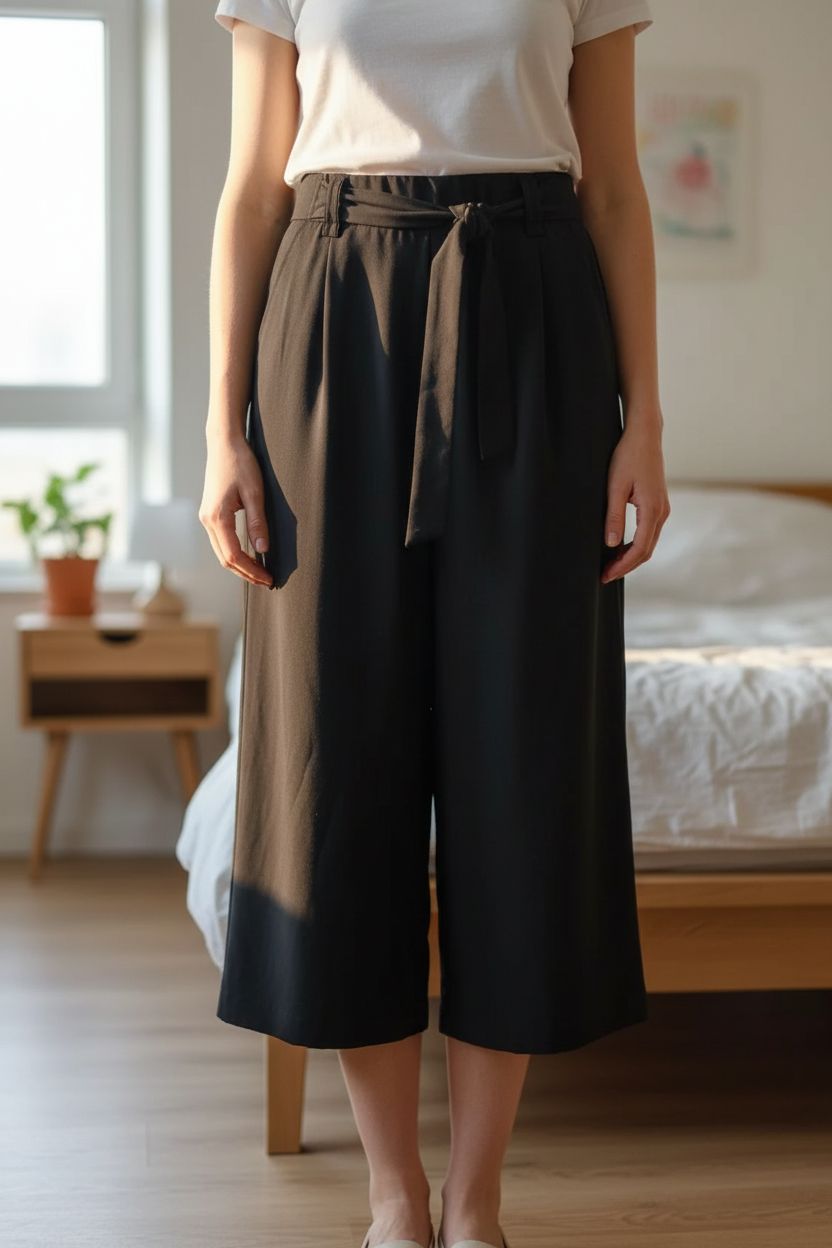 Pantaloni larghi morbidi Zara debout, face à la caméra, dans une chambre à la lumière douce, avec une lumière naturelle filtrant par la fenêtre.