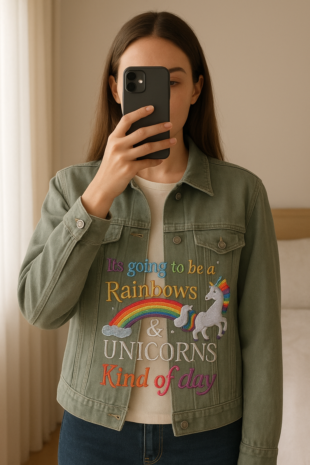 Girls Sage green Rainbows & Unicorns embroidered jacket standing straight facing the camera, in a softly lit bedroom setting, with gentle natural light filtering through a window.