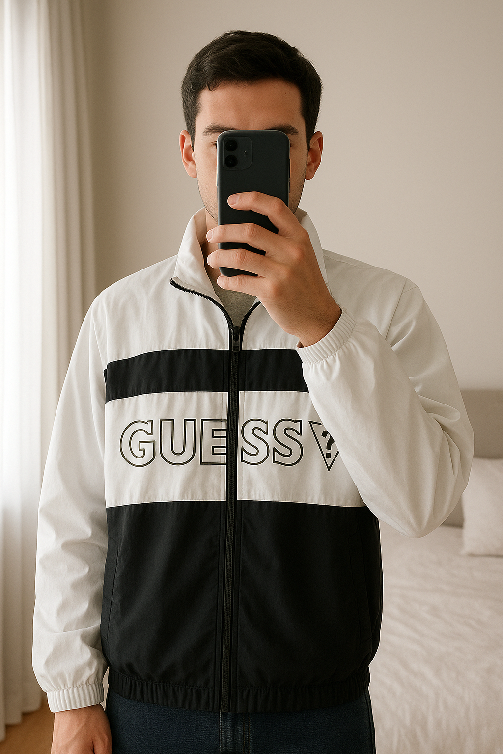 Guess jacket - size 10 - BNWT standing straight facing the camera, in a softly lit bedroom setting, with gentle natural light filtering through a window.