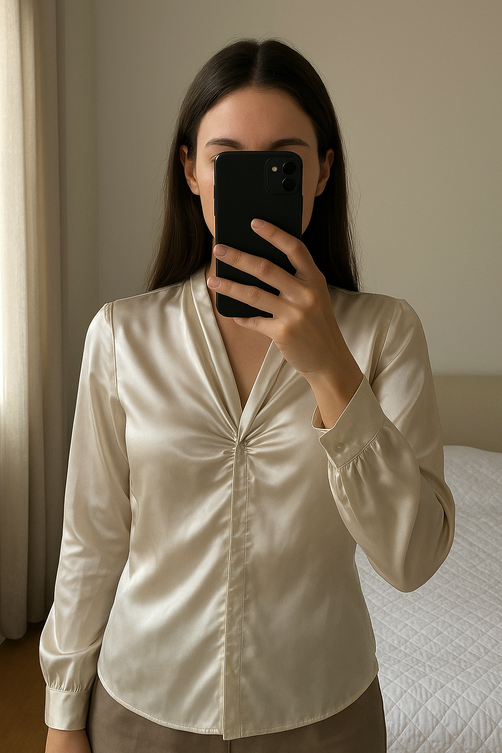 Chemisier satiné debout, face à la caméra, dans une chambre à la lumière douce, avec une lumière naturelle filtrant par la fenêtre.