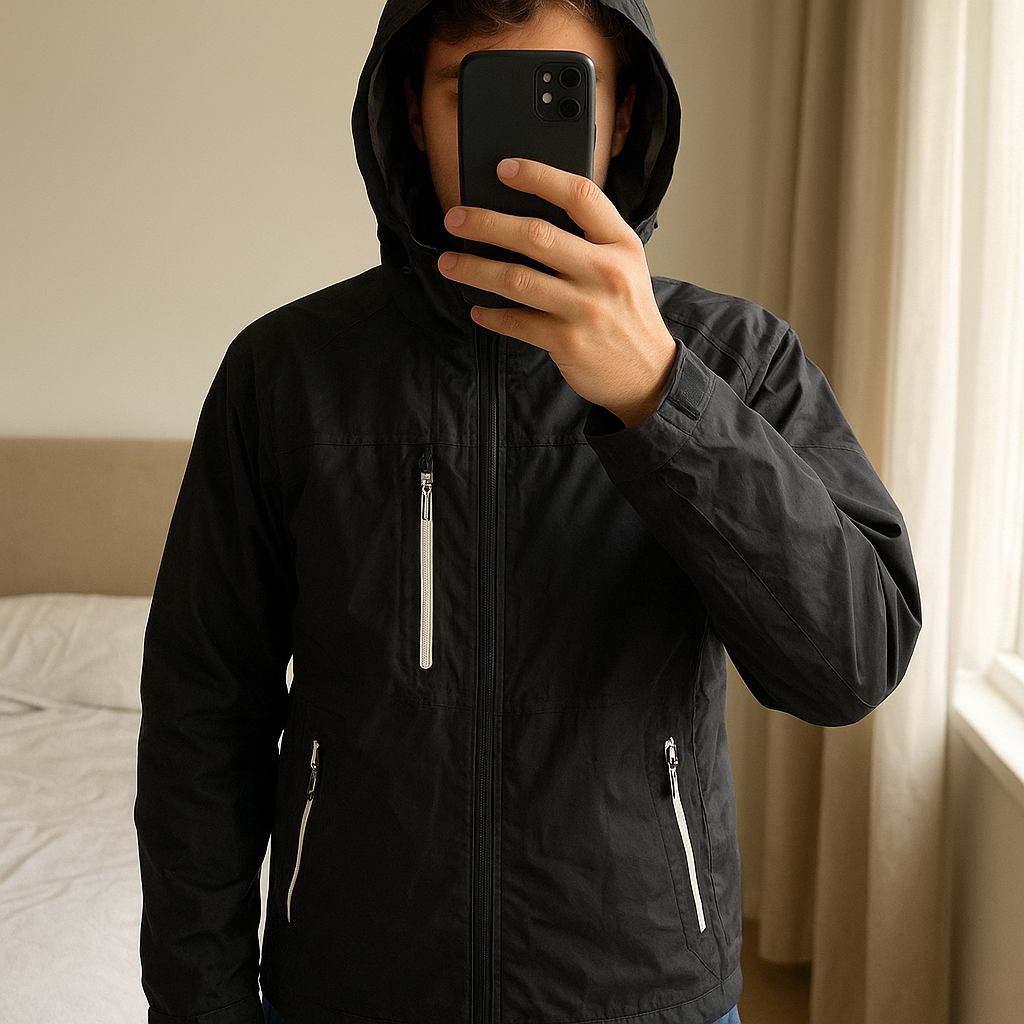Veste Columbia imperméable noire 14/16 ans – coupe mixte debout, face à la caméra, dans une chambre à la lumière douce, avec une lumière naturelle filtrant par la fenêtre.