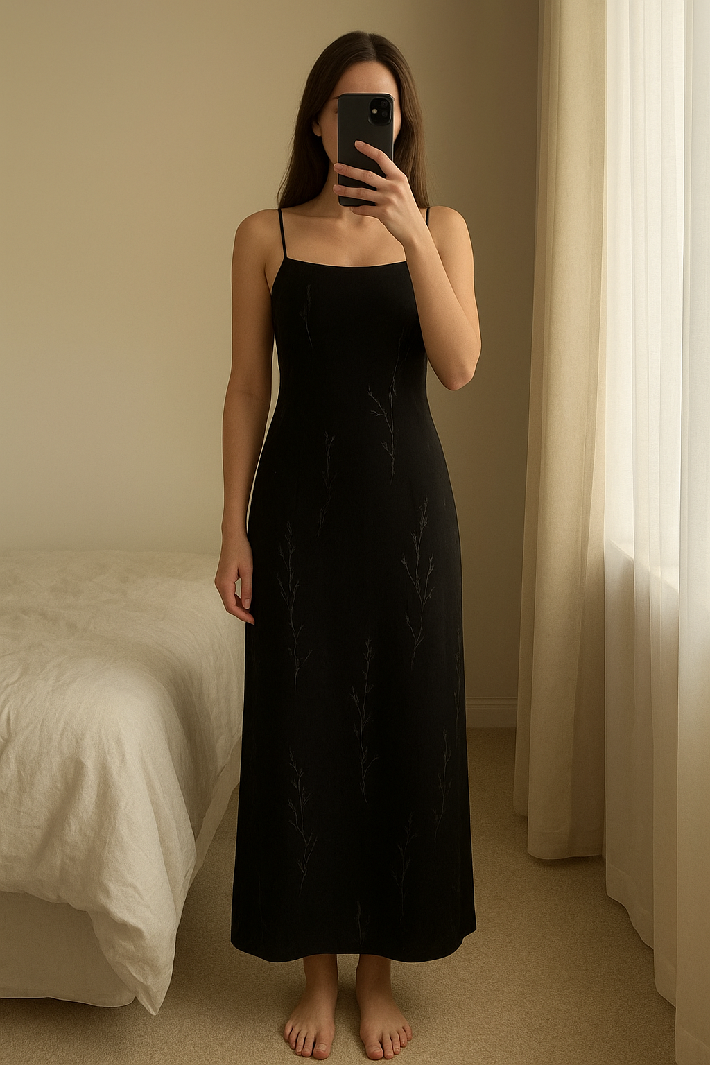 Black dress size 12 standing straight facing the camera, in a softly lit bedroom setting, with gentle natural light filtering through a window.