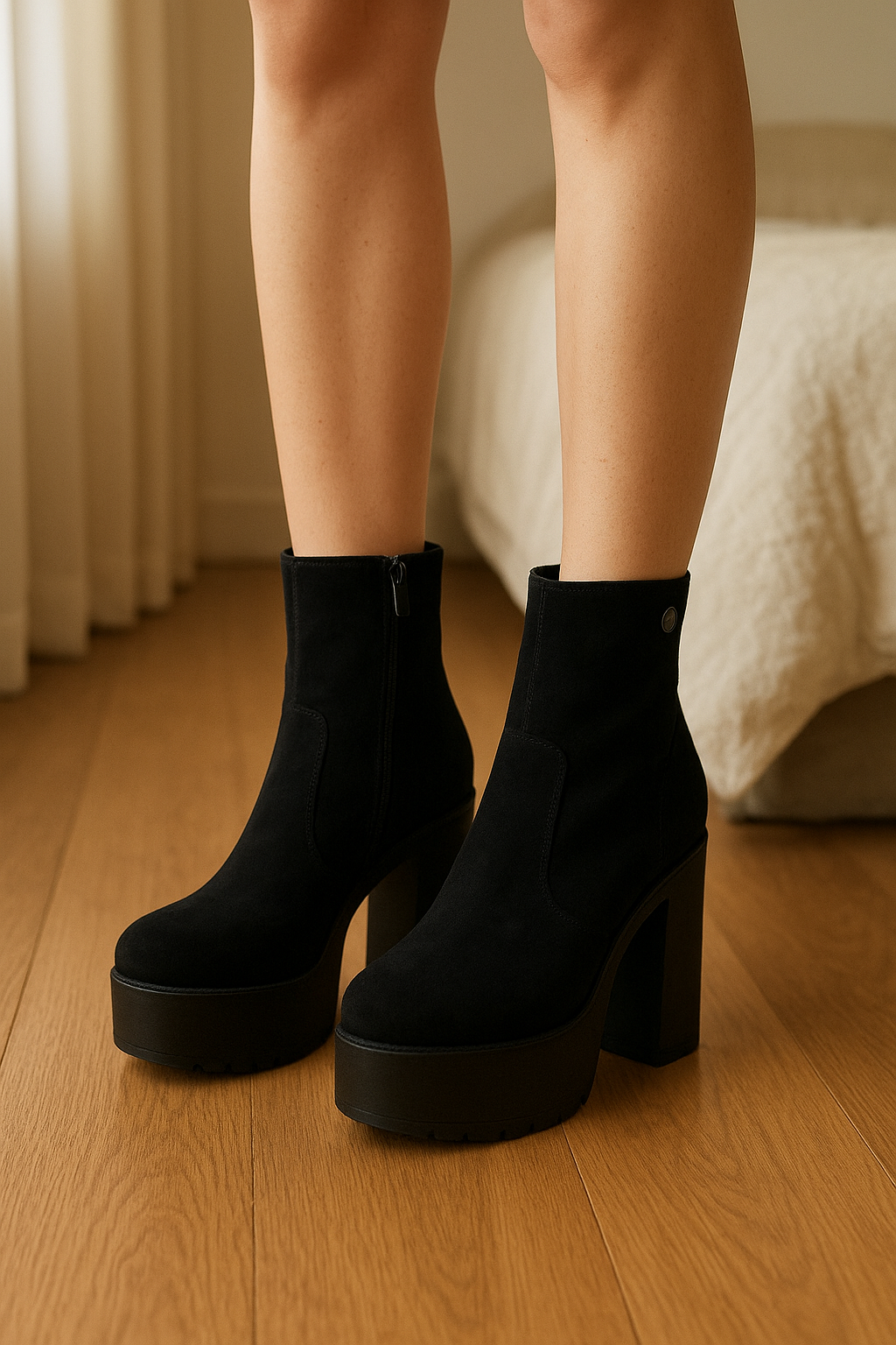 Bottines noires à talons compensés – Refresh debout, face à la caméra, dans une chambre à la lumière douce, avec une lumière naturelle filtrant par la fenêtre.