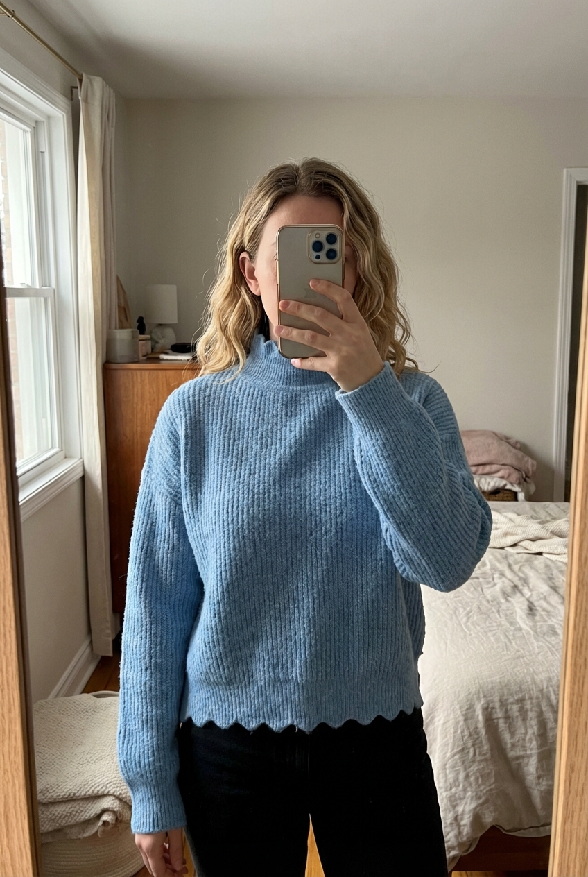 Pull col haut debout, face à la caméra, dans une chambre à la lumière douce, avec une lumière naturelle filtrant par la fenêtre.