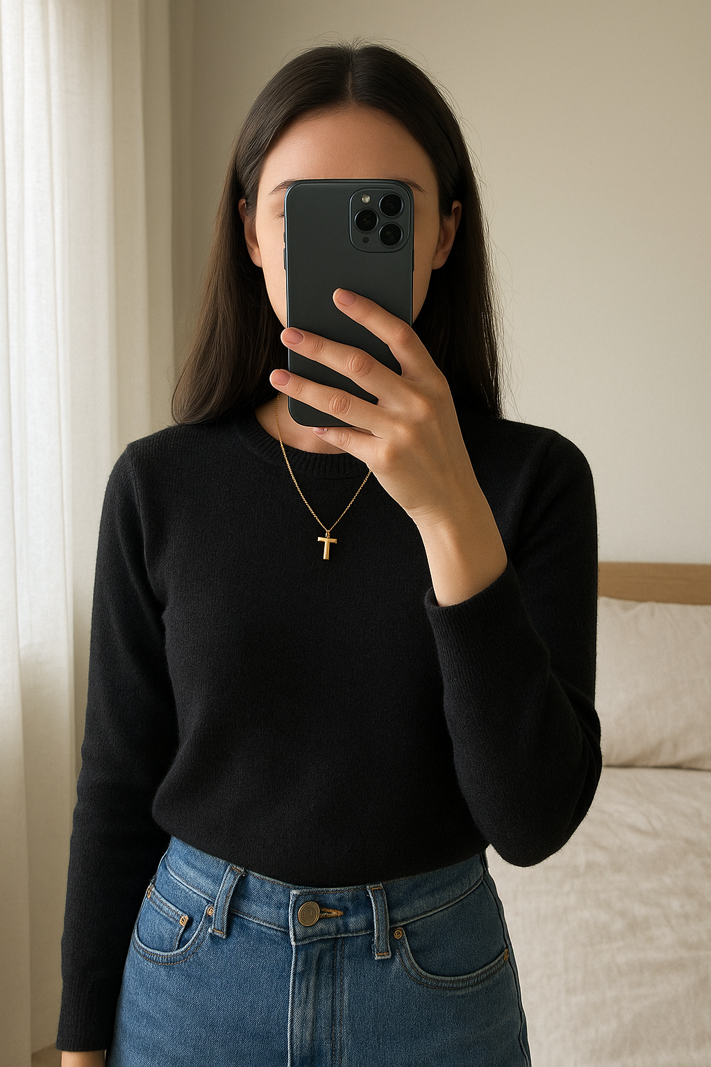 T gold necklace standing straight facing the camera, in a softly lit bedroom setting, with gentle natural light filtering through a window.