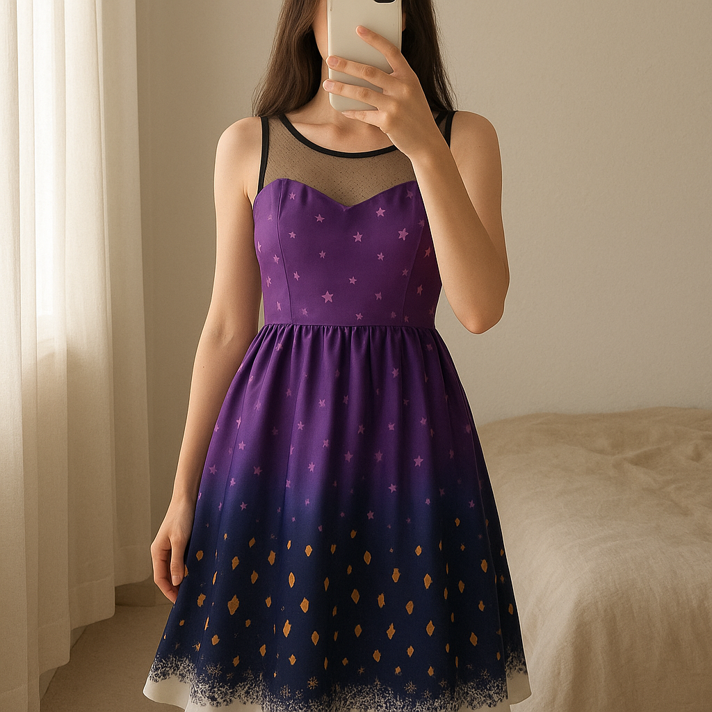 Sublime robe d'halloween princesse étoiles debout, face à la caméra, dans une chambre à la lumière douce, avec une lumière naturelle filtrant par la fenêtre.