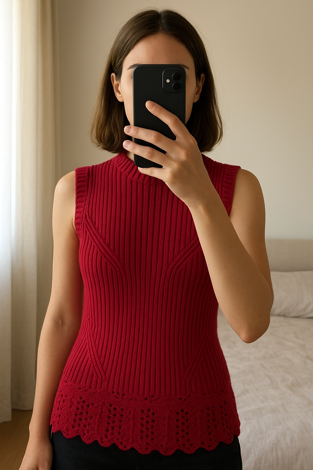 Top de punto Derek Lam 10 Crosby talla S de pie, mirando a la cámara, en un dormitorio con luz suave y natural filtrándose por la ventana.