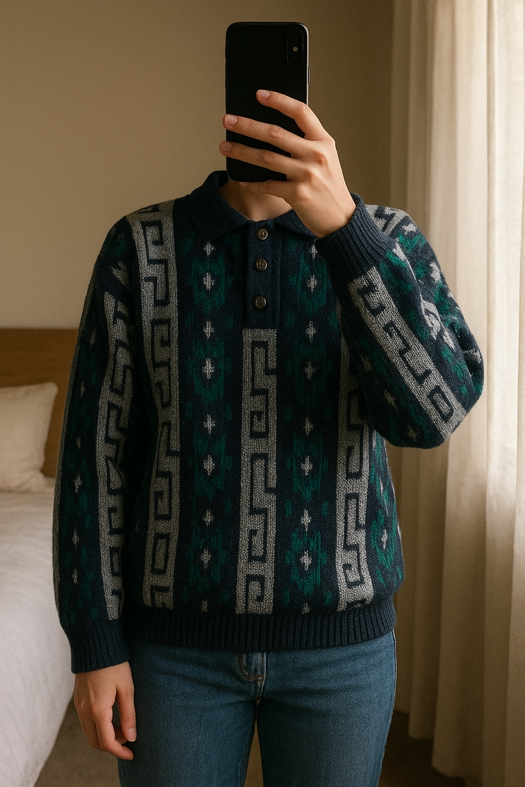 Vintage 80s Geometric Knit Polo Sweater | Focus Knitted Wear in piedi, rivolto verso la fotocamera, in una camera da letto con luce soffusa e luce naturale che filtra dalla finestra.