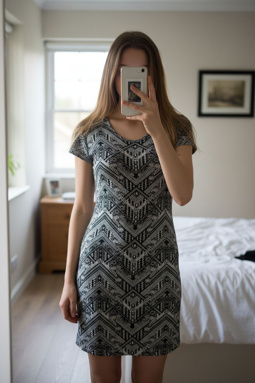 Eine Person in Lässiges T Shirt Kleid mit geometrischen Muster | Gr. 36 aufrecht stehend, der Kamera zugewandt, mit schlanker Figur, in einem sanft beleuchteten Schlafzimmer, mit natürlichem Licht, das durch ein Fenster fällt.