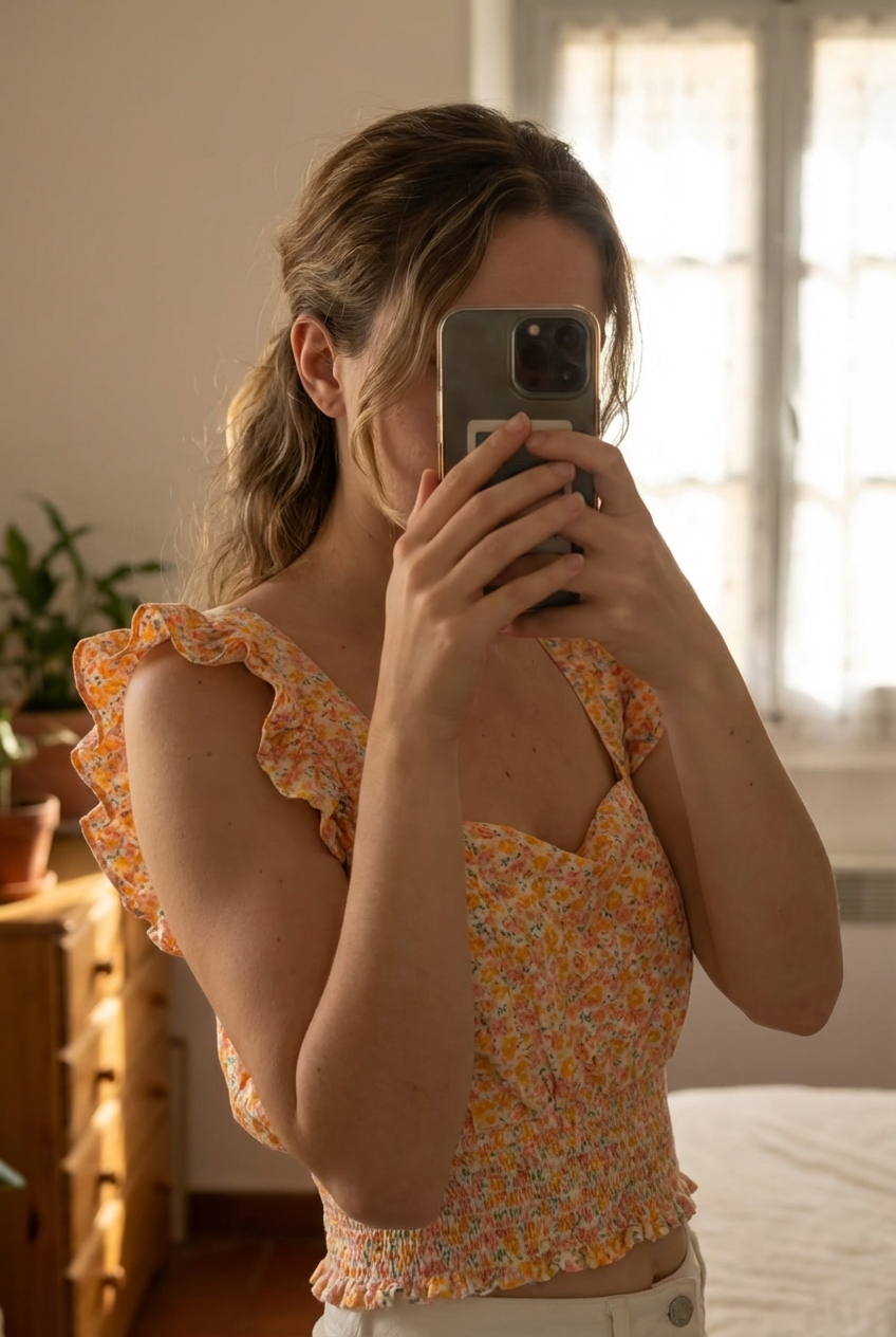 Haut fleuri dos nus avec noeud debout, face à la caméra, dans une chambre à la lumière douce, avec une lumière naturelle filtrant par la fenêtre.